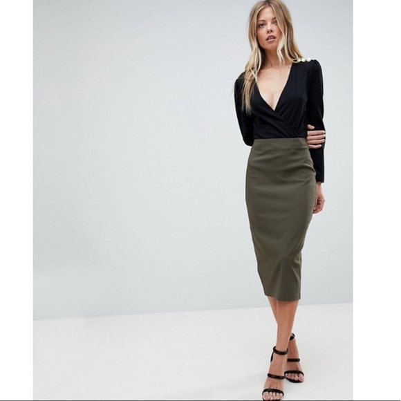 olive green midi pencil skirt